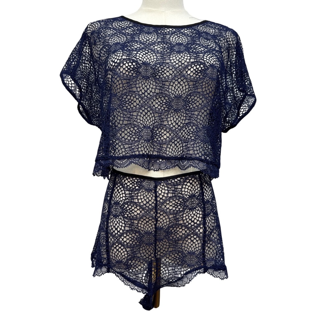 Victoria's Secret Very Sexy Crochet‎ Lace Set Navy Blue Flyaway Back Shorts L